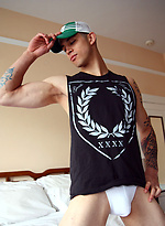 Tattooed stud shows his abs and fat cock by Bentley Race