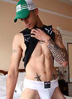 Tattooed stud shows his abs and fat cock by Bentley Race