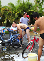 Wet naked pledges get a little close at the car wash by HazeHim