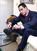 Horny Marcello wearing a pin stripe suit with bare feet and masturbating by With Marcello With Marcello