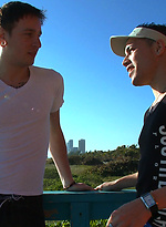 Naked studs swap cum on the beach by Out In Public