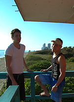 Naked studs swap cum on the beach by Out In Public