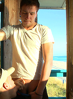 Naked studs swap cum on the beach by Out In Public
