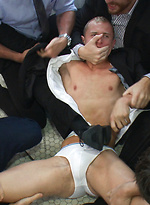 Corporate cunt gets his mouth and ass violated by a mob of horny men.  by Bound in Public With Morgan Black