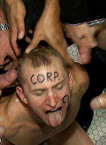 Corporate cunt gets his mouth and ass violated by a mob of horny men.  by Bound in Public With Morgan Black