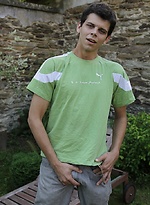 Peter Sweet in the backyard busting a nut on his stomach. by BF Collection
