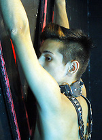Crucified gay youngster getting flogged and poked by Bound Area